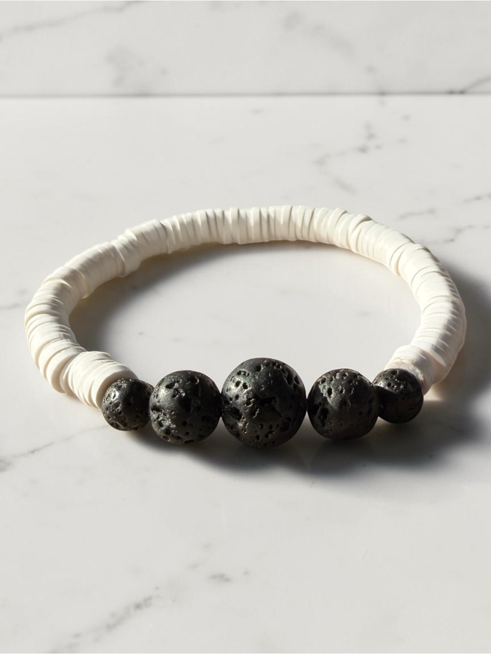 Handmade Lava Rock Heishi Stretch Bracelet Boho Minimalist White Black Stack